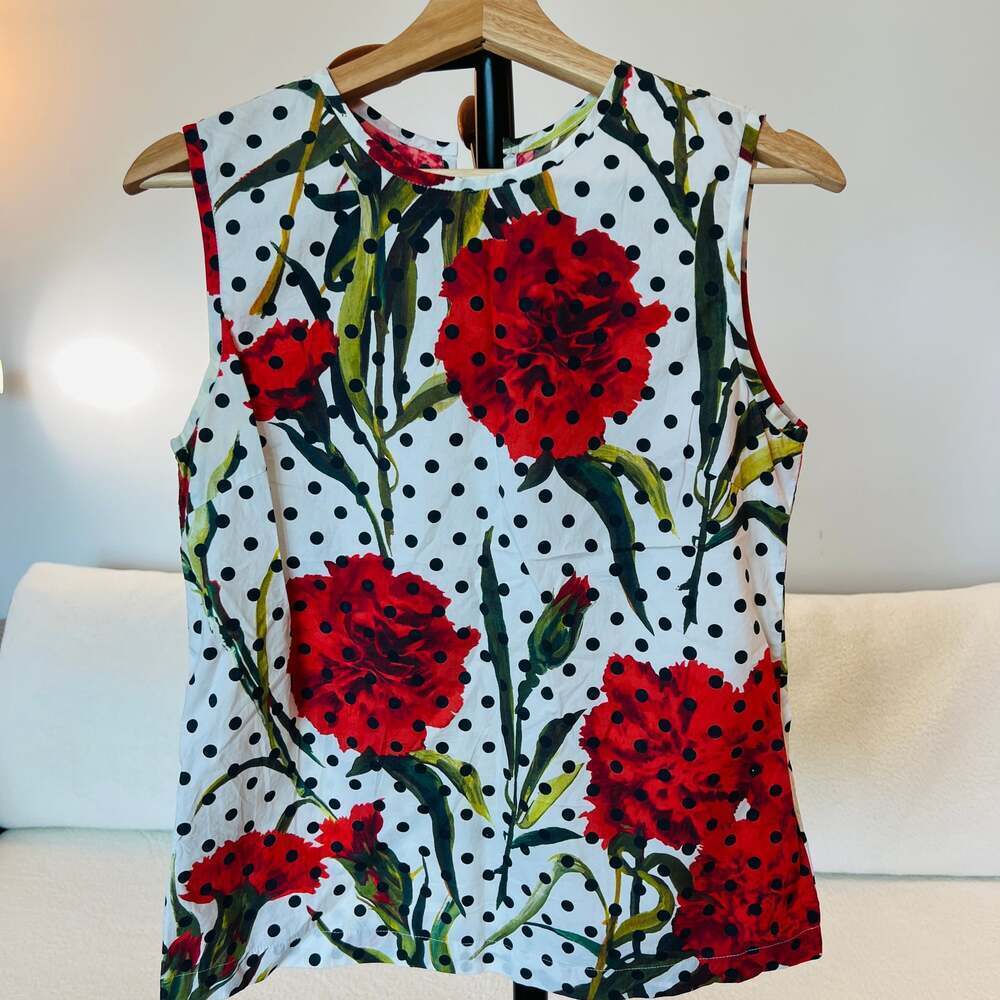 Floral Polka Dot Cotton Sleeveless Blouse with Back Tie Dolce Gabana - Picture 4 of 4